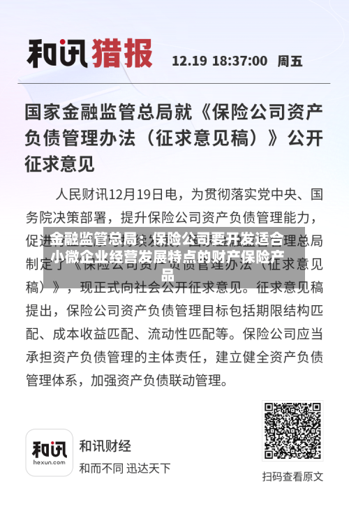 金融监管总局：保险公司要开发适合小微企业经营发展特点的财产保险产品